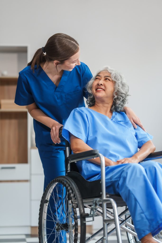 Nurse helping adult woman in hospital offer help and comfort create a welcoming atmosphere